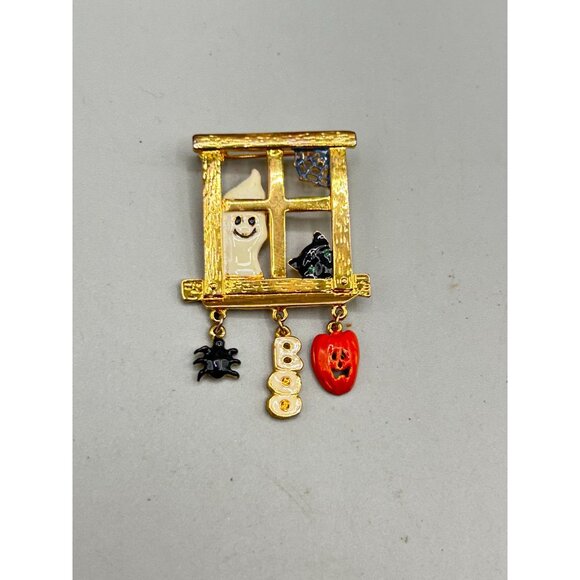 Halloween Ghost & Pumpkin Window Pin Brooch with Charms Boo Spider Holiday Pin - Picture 2 of 6